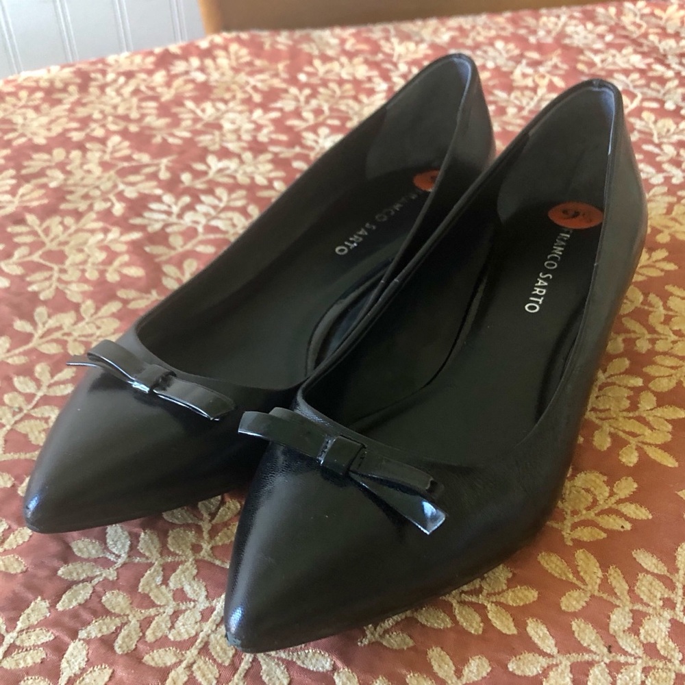 Franco Sarto Black Wedge with Patent Bow and Heel